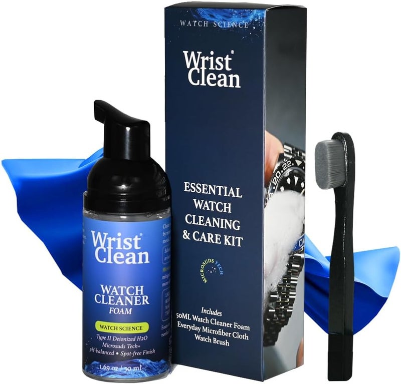 WristClean طقم تنظيف الساعات الأساسي | آمن على جميع المعادن والبلورات | (1x) رغوة منظف الساعات 50 مل، (1x) قطعة قماش لتنظيف الساعات والمجوهرات 10"x10"، (1x) فرشاة تنظيف الساعات | صنع في الولايات المتحدة (طقم مكون من 3 قطع) - Image 1